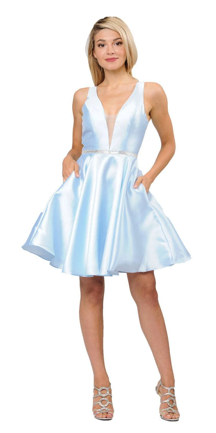 Poly USA | Ed Young 7894 Satin V-Neck Embellished Waist Short A-Line Dress(Light Blue Satin V Neck Embellished Waist A Line Homecoming Dress Short) 3 Poly USA | Ed Young 7894 Satin V-Neck Embellished Waist Short A-Line Dress(Light Blue Satin V Neck Embellished Waist A Line Homecoming Dress Short)