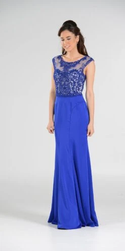 Poly USA | Ed Young 7908 Scoop Neck Appliqued Bodice Gown Cap Sleeves(Scoop Neck Appliqued Bodice Fit And Flare Prom Gown Black Nude Cap Sleeves) -Dress Promotion Store 7908po royal side 8b400fa7 e6cd 4584 9f29 f7af2e3d228b