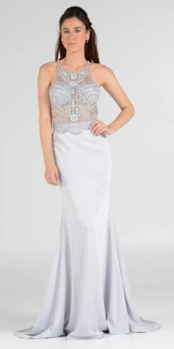 Poly USA | Ed Young 7966 Sheer Beaded Bodice Racer Cut-Out Back Mermaid Gown(Sheer Beaded Bodice Racer Cut Out Back Mermaid Evening Gown Silver)