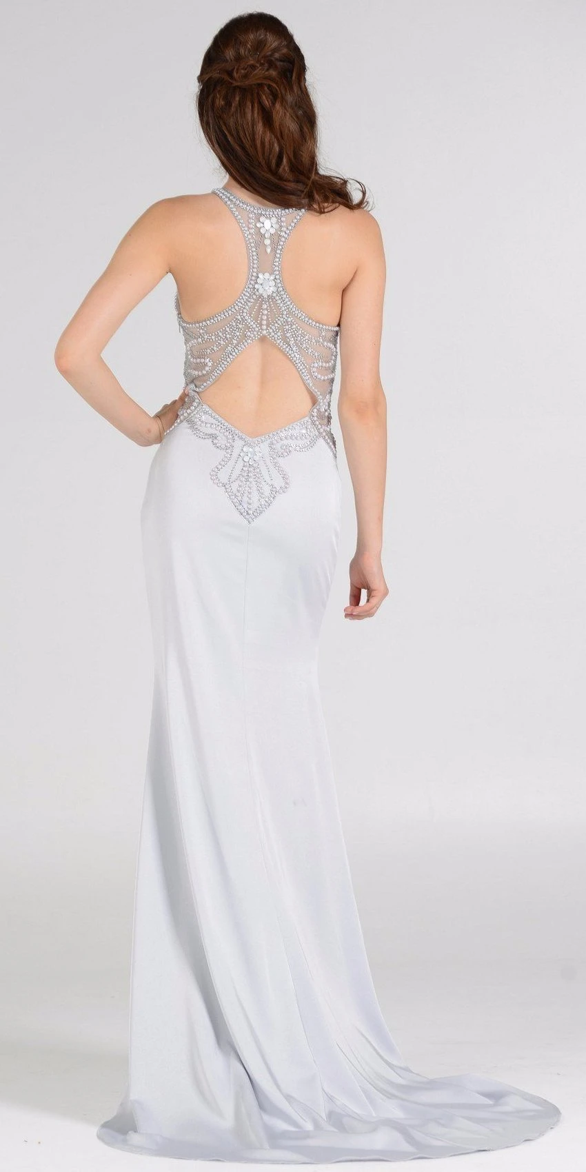 Poly USA | Ed Young 7966 Sheer Beaded Bodice Racer Cut-Out Back Mermaid Gown(Sheer Beaded Bodice Racer Cut Out Back Mermaid Evening Gown Silver) 4 Poly USA | Ed Young 7966 Sheer Beaded Bodice Racer Cut-Out Back Mermaid Gown(Sheer Beaded Bodice Racer Cut Out Back Mermaid Evening Gown Silver) - Image 2