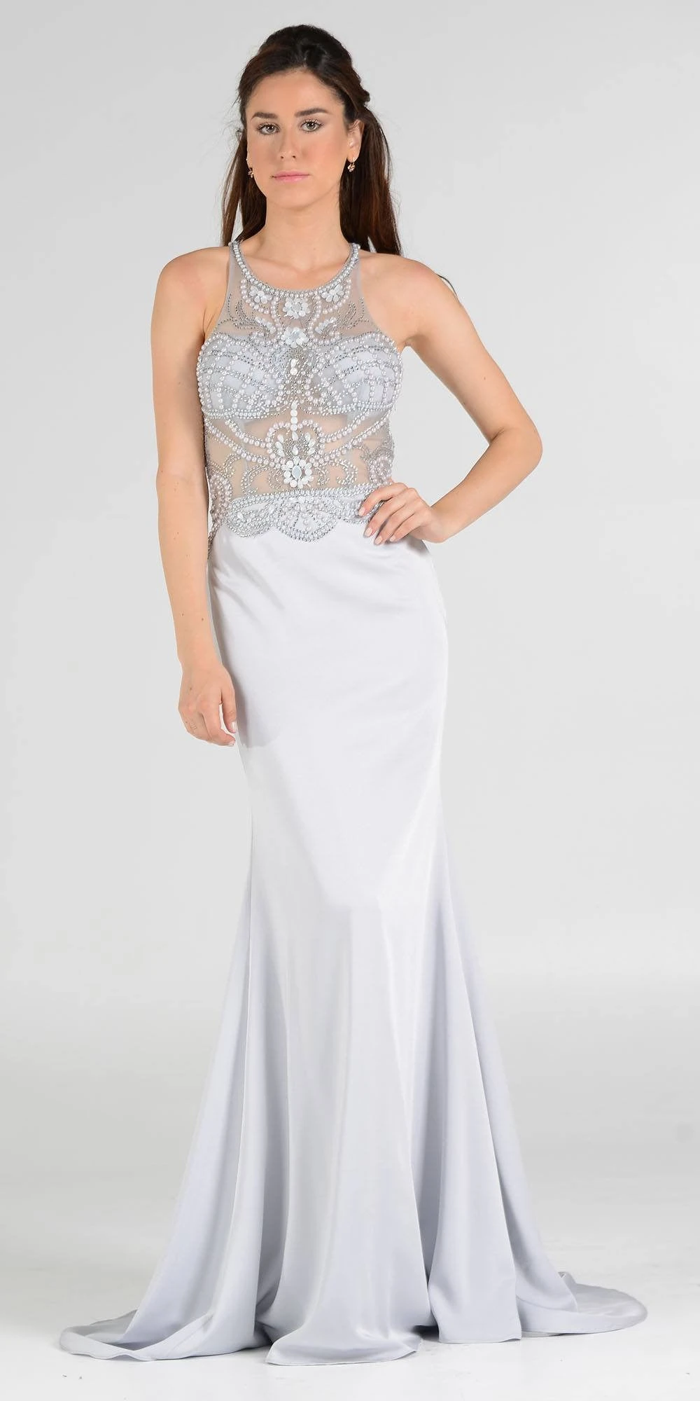 Poly USA | Ed Young 7966 Sheer Beaded Bodice Racer Cut-Out Back Mermaid Gown(Sheer Beaded Bodice Racer Cut Out Back Mermaid Evening Gown Silver) 3 Poly USA | Ed Young 7966 Sheer Beaded Bodice Racer Cut-Out Back Mermaid Gown(Sheer Beaded Bodice Racer Cut Out Back Mermaid Evening Gown Silver)