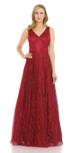 J&J Fashion 8002 Glittery Long Prom Dress With Open V-Back(Burgundy Glittery Long Prom Dress With Open V Back)