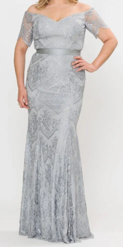 Poly USA | Ed Young 8030 Off Shoulder Lace Fit And Flare Gown(Off Shoulder Lace Fit And Flare Evening Gown Burgundy) -Dress Promotion Store 8030