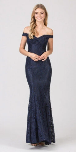 Eureka 8030 Lace Off-the-Shoulder Long Formal Dress(Lace Off The Shoulder Long Formal Dress Navy Blue)