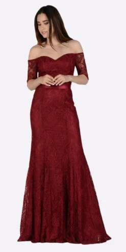 Poly USA | Ed Young 8030 Off Shoulder Lace Fit And Flare Gown(Off Shoulder Lace Fit And Flare Evening Gown Burgundy)
