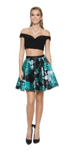 Juliet 805 Two-Piece Short Party Dress Print Skirt Off-Shoulder(Two Piece Short Party Dress Print Skirt Off Shoulder Green)