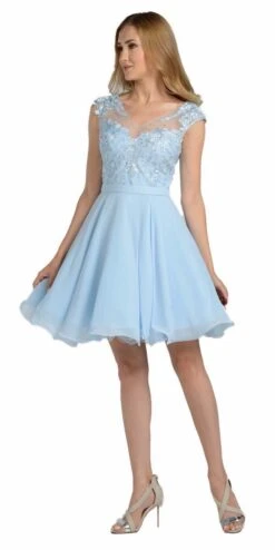 Poly USA | Ed Young 8094 Illusion V-Neck Appliqued Bodice Homecoming Short Dress(Illusion V Neck Appliqued Bodice Homecoming Short Dress Blush) -Dress Promotion Store 8094 poly usa blue