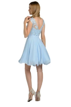 Poly USA | Ed Young 8094 Illusion V-Neck Appliqued Bodice Homecoming Short Dress(Illusion V Neck Appliqued Bodice Homecoming Short Dress Blush) -Dress Promotion Store 8094 poly usa blue back
