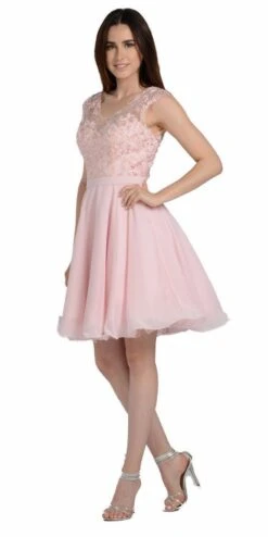 Poly USA | Ed Young 8094 Illusion V-Neck Appliqued Bodice Homecoming Short Dress(Illusion V Neck Appliqued Bodice Homecoming Short Dress Blush)