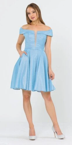 Poly USA | Ed Young 8224 Off-Shoulder Short Dress With Pockets(Off Shoulder Blue Homecoming Short Dress With Pockets)