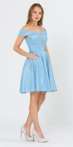 Poly USA | Ed Young 8224 Off-Shoulder Short Dress With Pockets(Off Shoulder Blue Homecoming Short Dress With Pockets) -Dress Promotion Store 8224 poly usa blue side