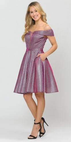 Poly USA | Ed Young 8224 Off-Shoulder Short Dress With Pockets(Off Shoulder Blue Homecoming Short Dress With Pockets) -Dress Promotion Store 8224 poly usa magenta