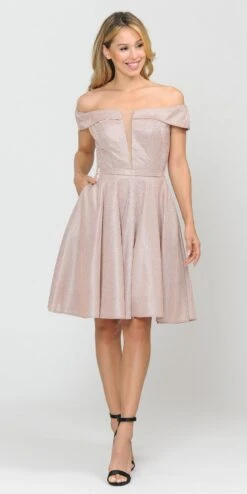 Poly USA | Ed Young 8224 Off-Shoulder Short Dress With Pockets(Off Shoulder Blue Homecoming Short Dress With Pockets) -Dress Promotion Store 8224 poly usa rose gold