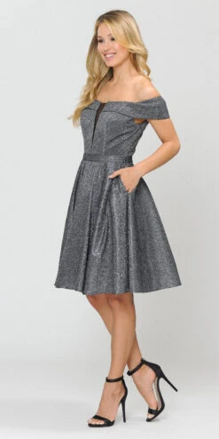 Poly USA | Ed Young 8224 Off-Shoulder Short Dress With Pockets(Off Shoulder Blue Homecoming Short Dress With Pockets) -Dress Promotion Store 8224 poly usa silver black