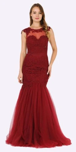 Poly USA | Ed Young 8226 Appliqued Mermaid Dress Cut-Out Back Cap Sleeve(Mauve Appliqued Mermaid Long Formal Dress Cut Out Back) -Dress Promotion Store 8226 poly usa burgundy