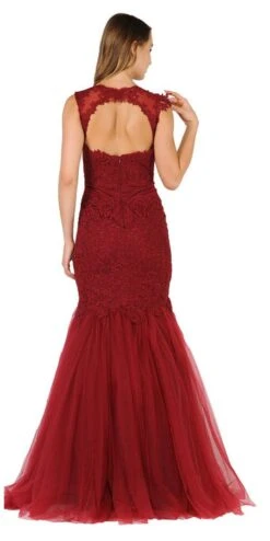 Poly USA | Ed Young 8226 Appliqued Mermaid Dress Cut-Out Back Cap Sleeve(Mauve Appliqued Mermaid Long Formal Dress Cut Out Back) -Dress Promotion Store 8226 poly usa burgundy back