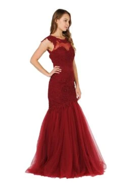 Poly USA | Ed Young 8226 Appliqued Mermaid Dress Cut-Out Back Cap Sleeve(Mauve Appliqued Mermaid Long Formal Dress Cut Out Back) -Dress Promotion Store 8226 poly usa burgundy side