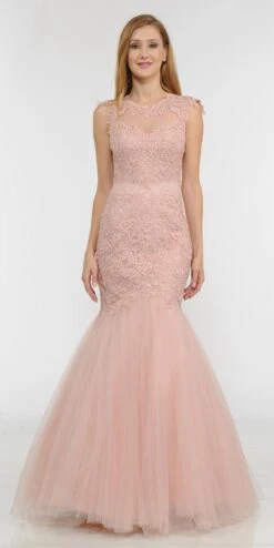 Poly USA | Ed Young 8226 Appliqued Mermaid Dress Cut-Out Back Cap Sleeve(Mauve Appliqued Mermaid Long Formal Dress Cut Out Back)