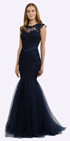 Poly USA | Ed Young 8226 Appliqued Mermaid Dress Cut-Out Back Cap Sleeve(Mauve Appliqued Mermaid Long Formal Dress Cut Out Back) -Dress Promotion Store 8226 poly usa navy blue
