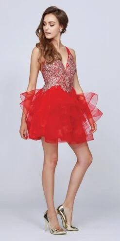 Juliet 823 Plunging V-Neck Ruffled Skirt Short Dress(Black Plunging V Neck Ruffled Skirt Homecoming Short Dress) -Dress Promotion Store 823 juliet red