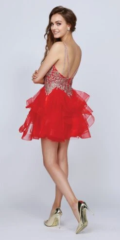 Juliet 823 Plunging V-Neck Ruffled Skirt Short Dress(Black Plunging V Neck Ruffled Skirt Homecoming Short Dress) -Dress Promotion Store 823 juliet red back