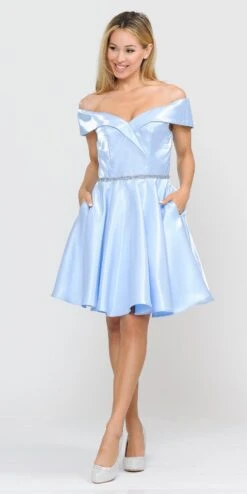 Poly USA | Ed Young 8238 Off-Shoulder Homecoming Short Dress With Pockets(Baby Blue Off Shoulder Homecoming Short Dress With Pockets)