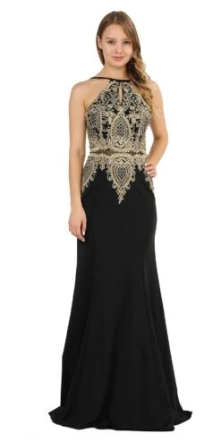 Poly USA | Ed Young 8244 Keyhole Neck Appliqued Long Prom Dress Black(Keyhole Neck Appliqued Long Prom Dress Black)