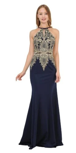 Poly USA | Ed Young 8244 Keyhole Neck Appliqued Long Prom Dress Black(Keyhole Neck Appliqued Long Prom Dress Black) -Dress Promotion Store 8244 poly usa navy blue