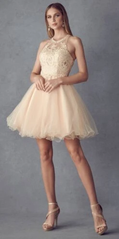 Juliet 826 Fit-and-Flare Halter Neck Short Party Dress(Fit And Flare Halter Neck Short Dress Red Homecoming Party)