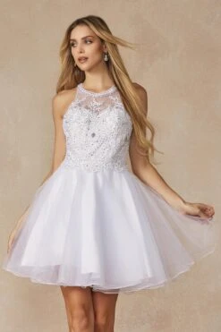 Juliet 826 Fit-and-Flare Halter Neck Short Party Dress(Fit And Flare Halter Neck Short Dress Red Homecoming Party) -Dress Promotion Store 826 WHITE FRONT 2