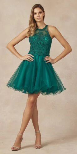 Juliet 826 Fit-and-Flare Halter Neck Short Party Dress(Fit And Flare Halter Neck Short Dress Red Homecoming Party) -Dress Promotion Store 826 emerald