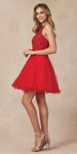 Juliet 826 Fit-and-Flare Halter Neck Short Party Dress(Fit And Flare Halter Neck Short Dress Red Homecoming Party) -Dress Promotion Store 826 red side