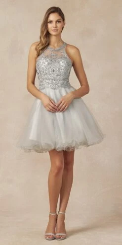 Juliet 826 Fit-and-Flare Halter Neck Short Party Dress(Fit And Flare Halter Neck Short Dress Red Homecoming Party) -Dress Promotion Store 826 silver