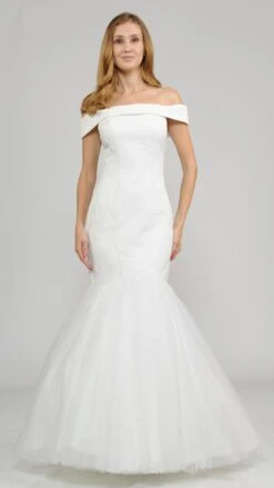 Poly USA | Ed Young 8280 Off-the-Shoulder Long Trumpet Wedding Dress(Off The Shoulder Long Trumpet Wedding Dress Off White)