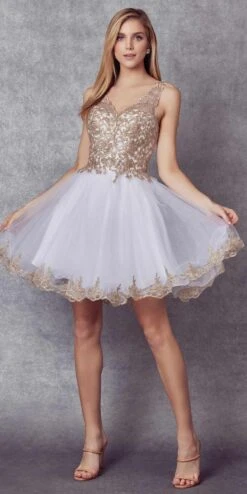 Juliet 835 Short Tulle A-Line Dress Lace Applique Bodice(Short Tulle A Line White Gold Homecoming Dress Lace Applique Bodice) -Dress Promotion Store 835 WhiteGold Front