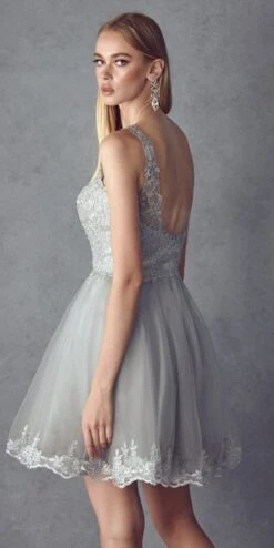 Juliet 835 Short Tulle A-Line Dress Lace Applique Bodice(Short Tulle A Line White Gold Homecoming Dress Lace Applique Bodice) -Dress Promotion Store 835 juliet silver back