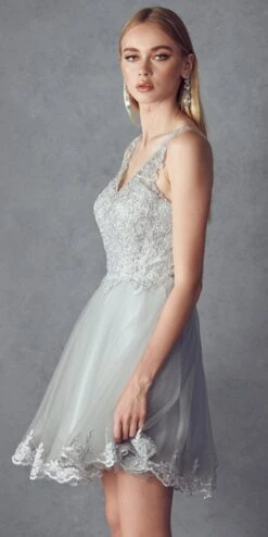 Juliet 835 Short Tulle A-Line Dress Lace Applique Bodice(Short Tulle A Line White Gold Homecoming Dress Lace Applique Bodice) -Dress Promotion Store 835 juliet silver side