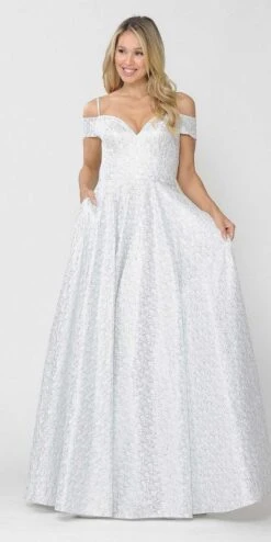 Poly USA | Ed Young 8380 Cold-Shoulder Prom Ball Gown With Pockets(Off White Silver Cold Shoulder Prom Ball Gown With Pockets)