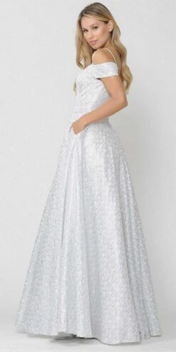 Poly USA | Ed Young 8380 Cold-Shoulder Prom Ball Gown With Pockets(Off White Silver Cold Shoulder Prom Ball Gown With Pockets) -Dress Promotion Store 8380 poly usa silver side