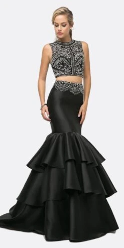 Cinderella Divine 83903 Beaded Bodice 2 Piece Mermaid Gown Layered Skirt(Beaded Bodice 2 Piece Black Mermaid Gown Layered Skirt)