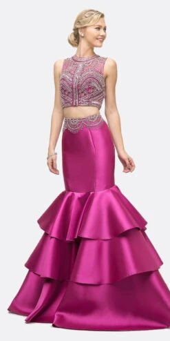 Cinderella Divine 83903 Beaded Bodice 2 Piece Mermaid Gown Layered Skirt(Beaded Bodice 2 Piece Black Mermaid Gown Layered Skirt) -Dress Promotion Store 83903 cinderella divine fuchsia