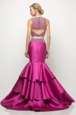 Cinderella Divine 83903 Beaded Bodice 2 Piece Mermaid Gown Layered Skirt(Beaded Bodice 2 Piece Black Mermaid Gown Layered Skirt) -Dress Promotion Store 83903 cinderella divine fuchsia back 1600x2400 1