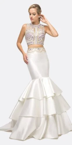 Cinderella Divine 83903 Beaded Bodice 2 Piece Mermaid Gown Layered Skirt(Beaded Bodice 2 Piece Black Mermaid Gown Layered Skirt) -Dress Promotion Store 83903 cinderella divine white