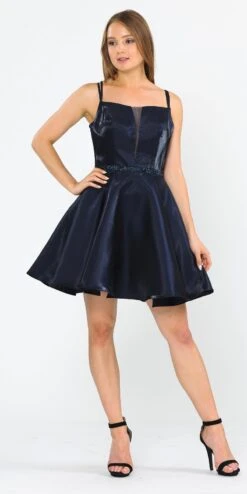 Poly USA | Ed Young 8447 Embellished Waist With Pockets Short Dress(Embellished Waist With Pockets Homecoming Short Dress Navy Blue)