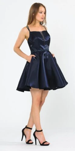 Poly USA | Ed Young 8447 Embellished Waist With Pockets Short Dress(Embellished Waist With Pockets Homecoming Short Dress Navy Blue) -Dress Promotion Store 8447 poly usa navy blue side