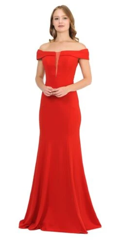 Poly USA | Ed Young 8462 Off-Shoulder Long Dress Sheer Cut-Out Bodice(Off Shoulder Red Long Formal Dress With Sheer Cut Out Bodice)