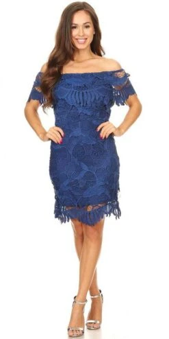 Celavie 8508 Off Shoulder Dress Short Scalloped Hem(Royal Blue Off Shoulder Wedding Guest Dress Short)