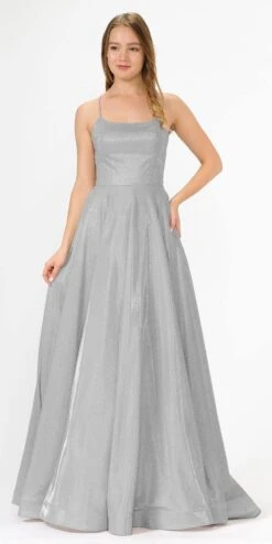 Poly USA | Ed Young 8574 Long Glitter Metallic Knit Dress With Pockets(Long Glitter Prom Dress Silver Gold Spaghetti Straps With Pockets)