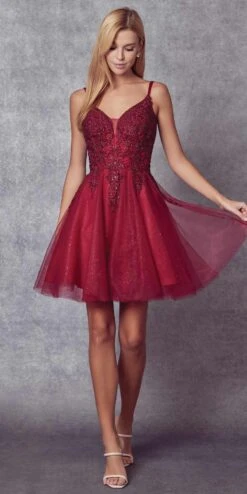 Juliet 857 Embroidered Top Short A-line Glitter Dress(Juliet 857 Embroidered Top Short A Line Glitter Dress) -Dress Promotion Store 857 Burgundy Front 1
