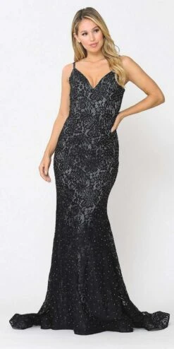 Poly USA | Ed Young 8590 Beaded Lace Mermaid Style Long Dress(Beaded Lace Mermaid Style Long Prom Dress Black)